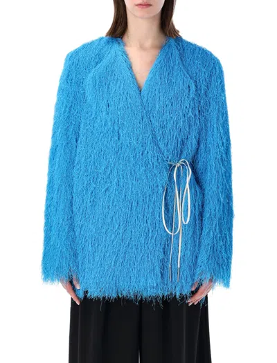 Dries Van Noten Rivla Short Wrap Coat Fringe Detail In Blue