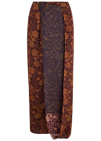 Dries Van Noten Spa Printed Chiffon Midi Wrap Skirt In Brown Dark