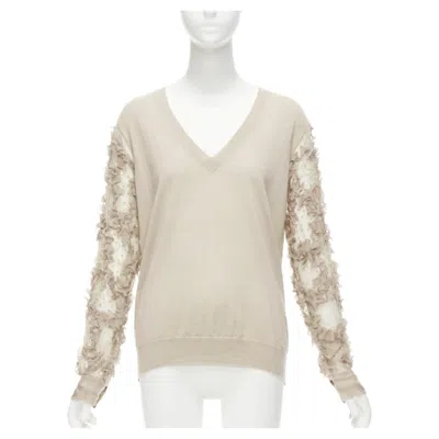 Pre-owned Dries Van Noten Stone Cashmere Silk Ruffle Sheer Sleeves V-neck Sweater S In Sand