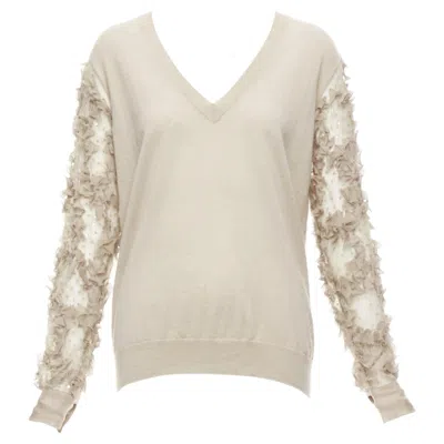 Pre-owned Dries Van Noten Stone Cashmere Silk Ruffle Sheer Sleeves V-neck Sweater S In Sand