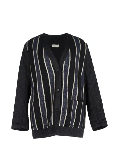 Pre-owned Dries Van Noten Stripe-pattern Quilted-pattern Coat In Black
