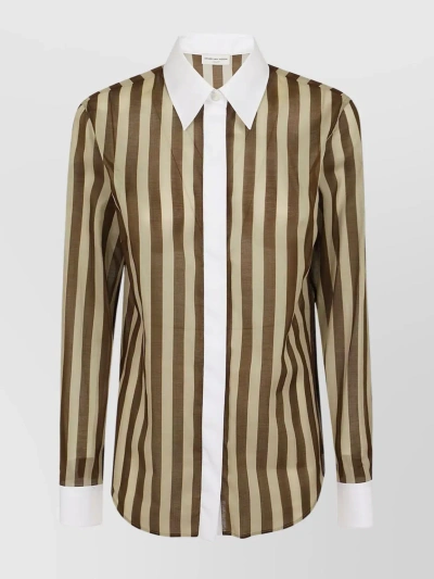 Dries Van Noten Striped Button Cuffs Contrast Collar Shirt In Brown