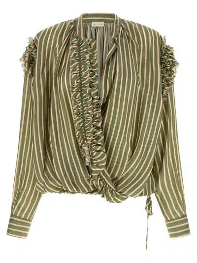 Dries Van Noten Striped Cupro With Ruffle Trim Shirt In Green