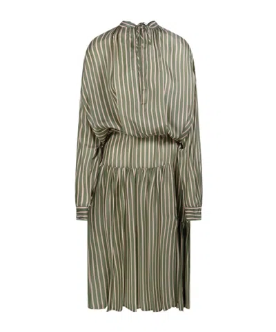 Dries Van Noten Denvo Striped Long Dress With Drawstring Waist In Green
