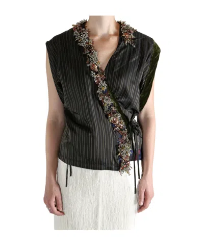 Dries Van Noten Striped Embroidered Top In Black