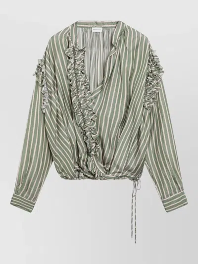 Dries Van Noten Striped Jacket Long Sleeves Ruffle Drawstring Hem In Green