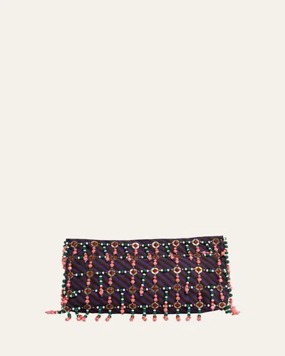 Dries Van Noten Striped Large Wool Pouch With Bead Embellishments In Purple