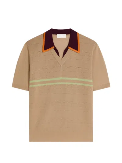 Dries Van Noten V Neck Merino Wool Striped Polo Collar In Brown