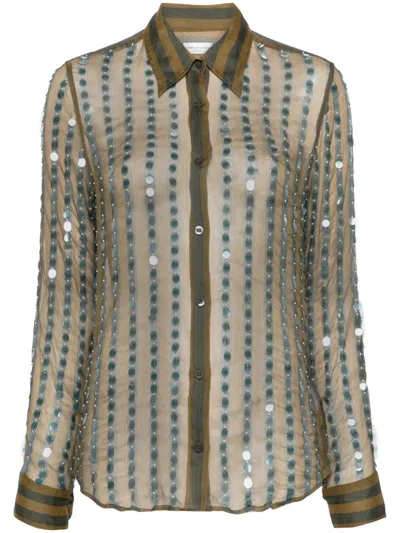 Dries Van Noten Striped Silk Shirt In Brown