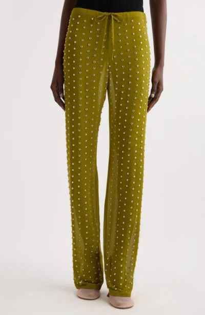 Dries Van Noten Studded Sheer Drawstring Pants In Olive