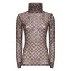 Dries Van Noten Crystal-embellished Printed Stretch-mesh Turtleneck Top In Brown