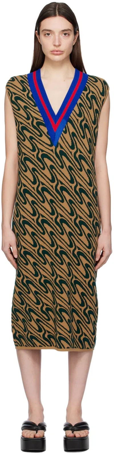 Dries Van Noten Tan & Green Jacquard Midi Dress In 706 Cognac