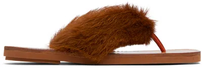 Dries Van Noten Tan Calf-hair Flip Flops In 701 Rust