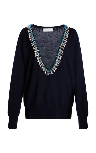 Dries Van Noten Taos Embroidered Wool Sweater In Black