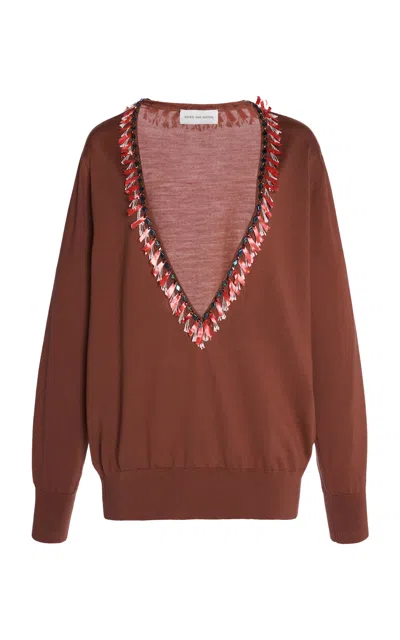 Dries Van Noten Taos Embroidered Wool Sweater In Brown