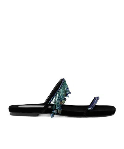 Dries Van Noten Tassel Beaded Velvet Sandals In Black