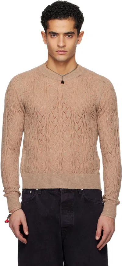 Dries Van Noten Taupe Lace Stitch Alpaca Sweater In Brown