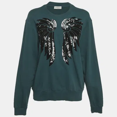 Pre-owned Dries Van Noten Teal Blue Jersey Embroidered Sweatshirt L