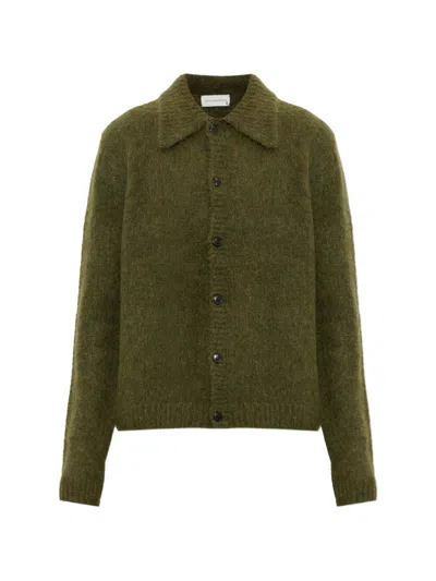 Dries Van Noten Textured Button-up Sweater With Classic Collar In Green