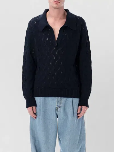 Dries Van Noten Textured V Neck Polo Knitwear Sweater In Blue