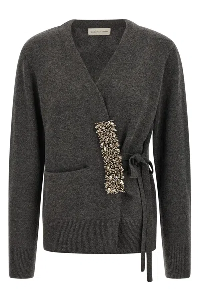 Dries Van Noten Embellished Cashmere Wrap Cardigan In Gray