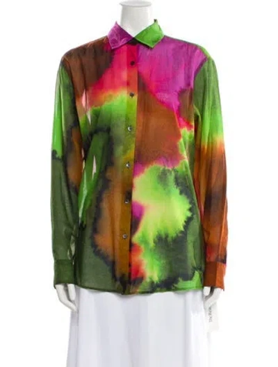 Pre-owned Dries Van Noten Tie-dye Print Long Sleeve Button-up Top In Green