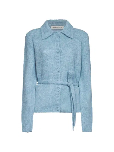 Dries Van Noten Light Blue Alpaca Blend Toco Belted Polo-style Cardigan