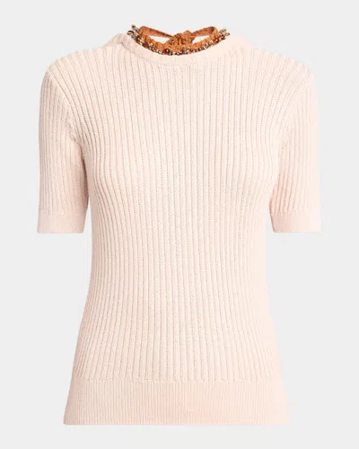 Dries Van Noten Tonia Beaded Short-sleeve Low-back Sweater In Light Rose