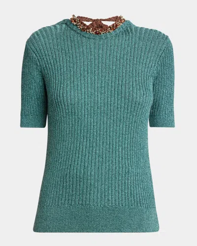 Dries Van Noten Tonia Beaded Short-sleeve Low-back Sweater In Green