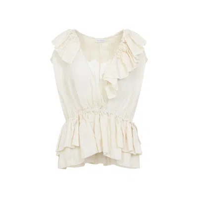 Dries Van Noten Sleeveless Top Elastic Waist Ruffled Neckline In White