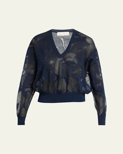 Dries Van Noten Torion Floral Lace Knit V-neck Sweater In Blue