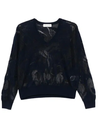 Dries Van Noten Torion Lace Cotton V-neck Sweater In Blue