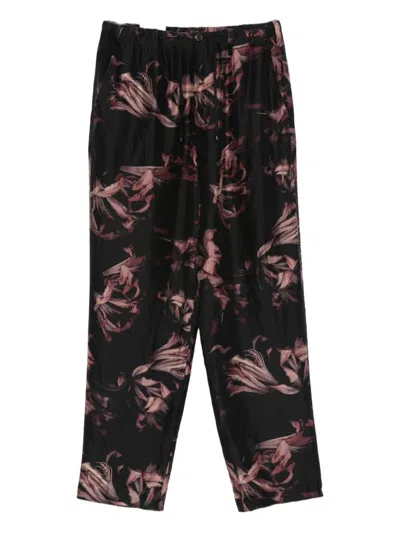 Dries Van Noten Floral Pattern Trousers Elastic Waistband In Black