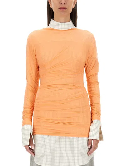 Dries Van Noten Checkered High Neck Long Sleeve Top In Orange