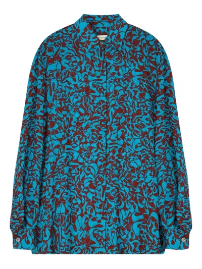 Dries Van Noten Turquoise Print Loose Shirt In Blue