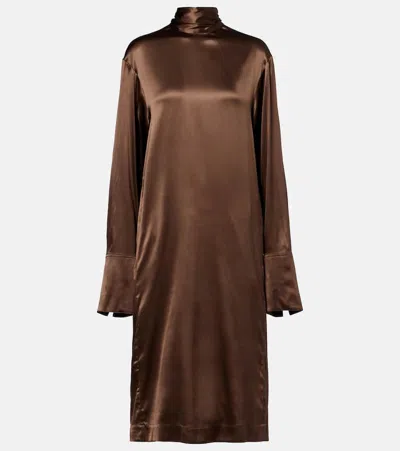 Dries Van Noten Turtleneck Silk-blend Satin Midi Dress In Brown