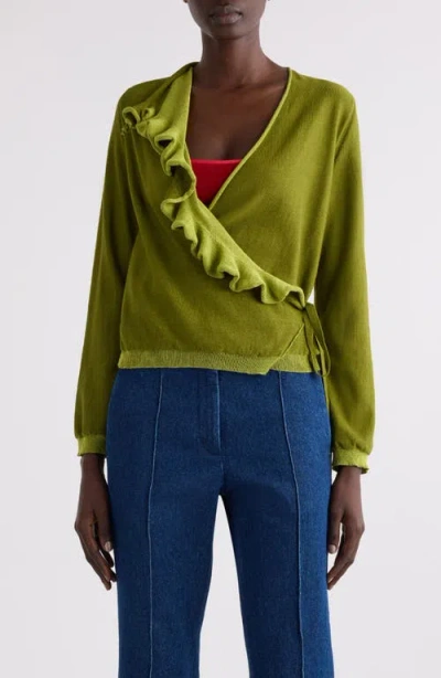 Dries Van Noten Two-tone Ruffle Wrap Cardigan In Olive