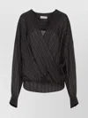 Dries Van Noten V-neck Striped Draped Long Sleeves Blouse In Black