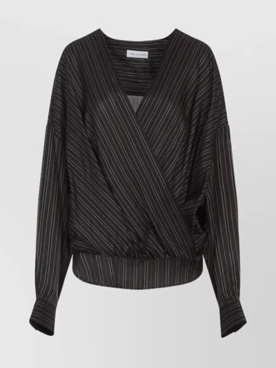 Dries Van Noten V-neck Striped Draped Long Sleeves Blouse In Black