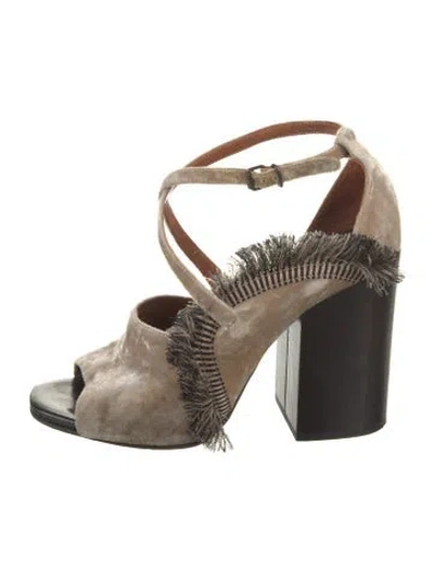 Pre-owned Dries Van Noten Velvet Fringe Trim Accent T-strap Pumps In Neutral