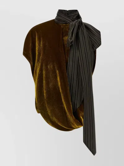 Dries Van Noten Velvet Sleeveless Top Striped Bow Detail In Gold