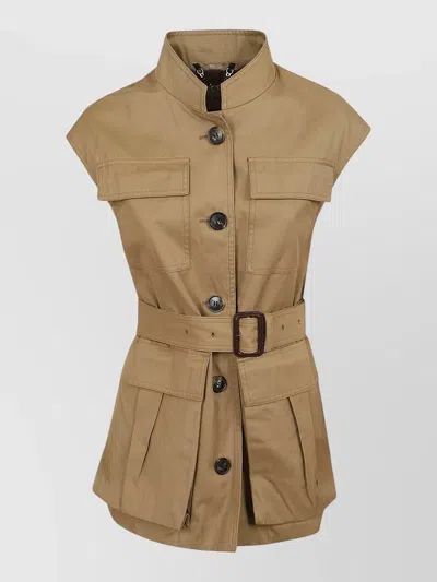 Dries Van Noten Ventura Safari Belted Mandarin Collar Jacket In Brown