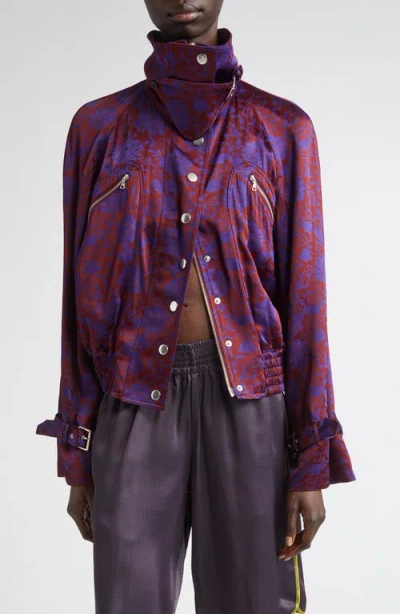 Dries Van Noten Vida Archive Floral Jacquard Satin Moto Jacket In Purple