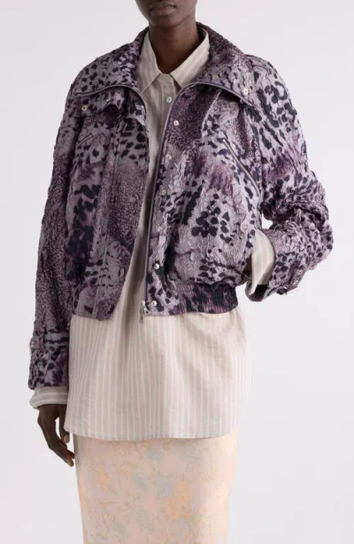 Dries Van Noten Vida Orchid Spots Print Textured Satin Moto Jacket In Mauve