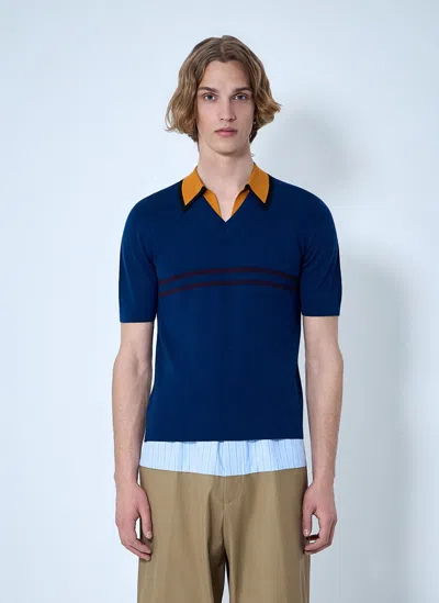 Dries Van Noten V-neck Contrast Collar Knit Polo Shirt In Blue