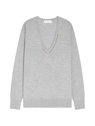 Dries Van Noten V-neck Embellished Sweater In Gray