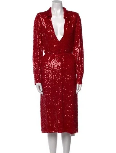 Pre-owned Dries Van Noten V-neck Midi Length Dress In Red