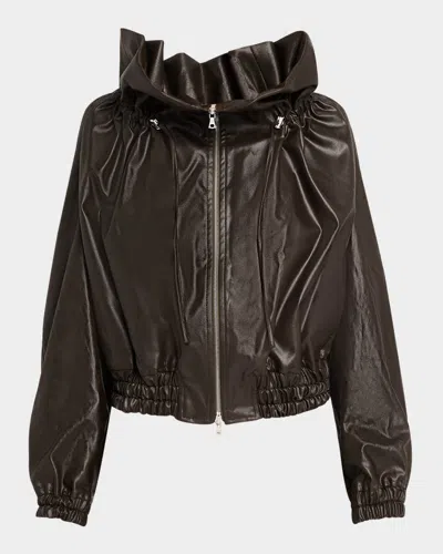 Dries Van Noten Voly Ruffle-collar Waxed Zip Jacket In Khaki
