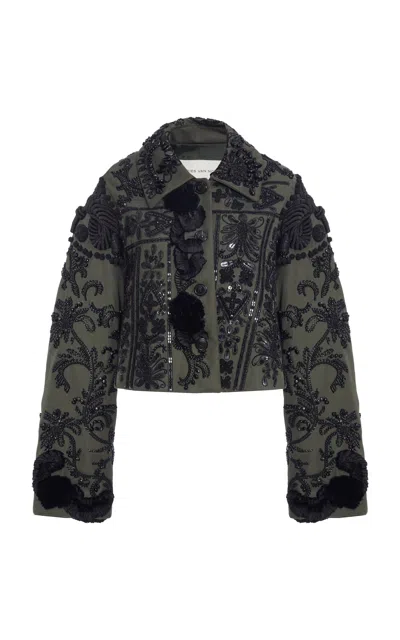 Dries Van Noten Vondero Embellished Cotton-twill Jacket In Green