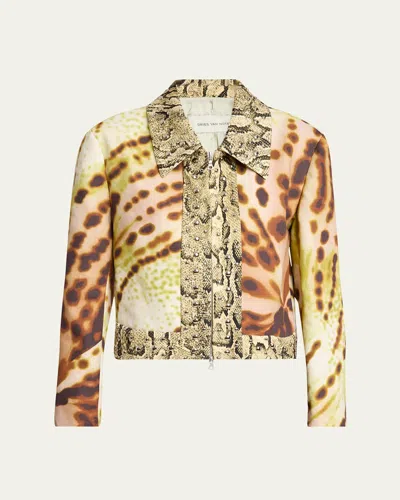 Dries Van Noten Vurano Studded Multi-print Zip Jacket In Olive